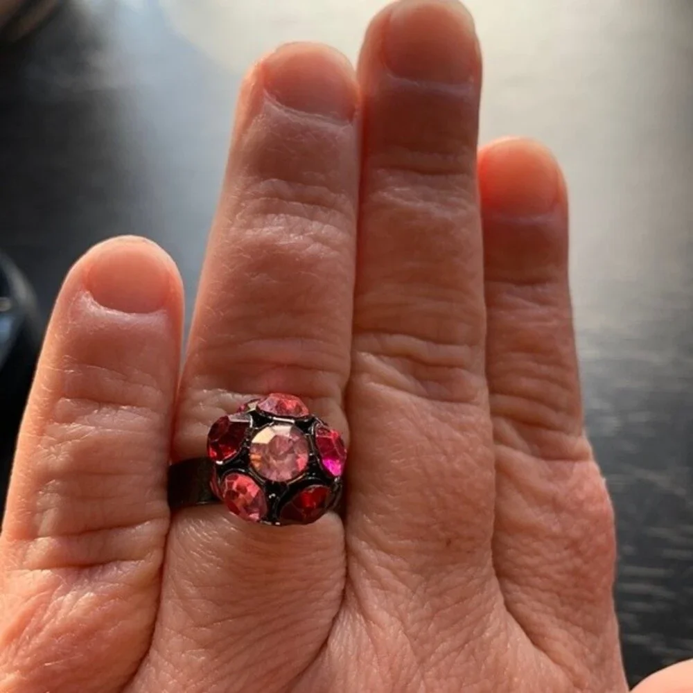 Vintage Pink Rhinestone Ball Ring Size 7 1/2